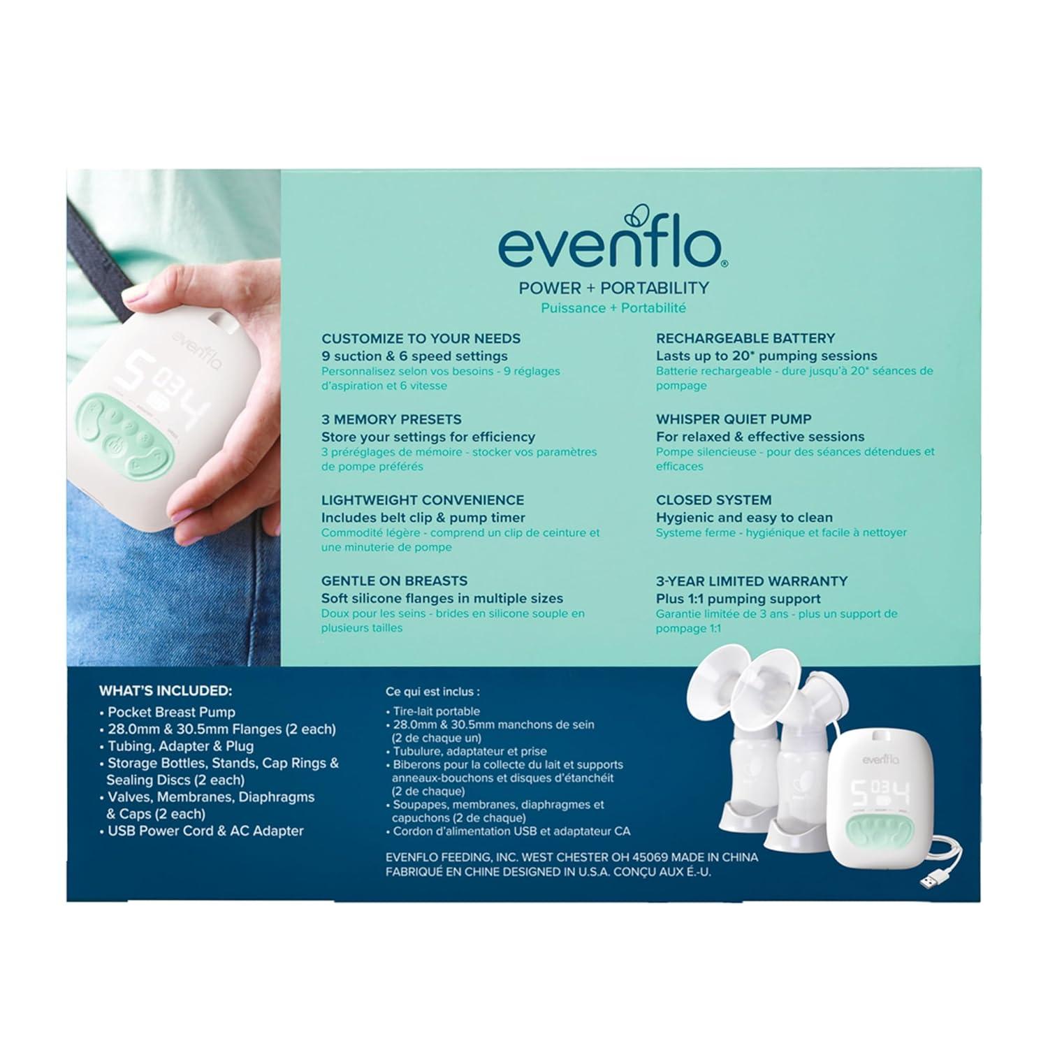 image:imageEvenflo Pocket Portable Double Electric Breast Pump White 20 Pumping Sessions per Charge 9 Suction Settings 3 Memory Presets