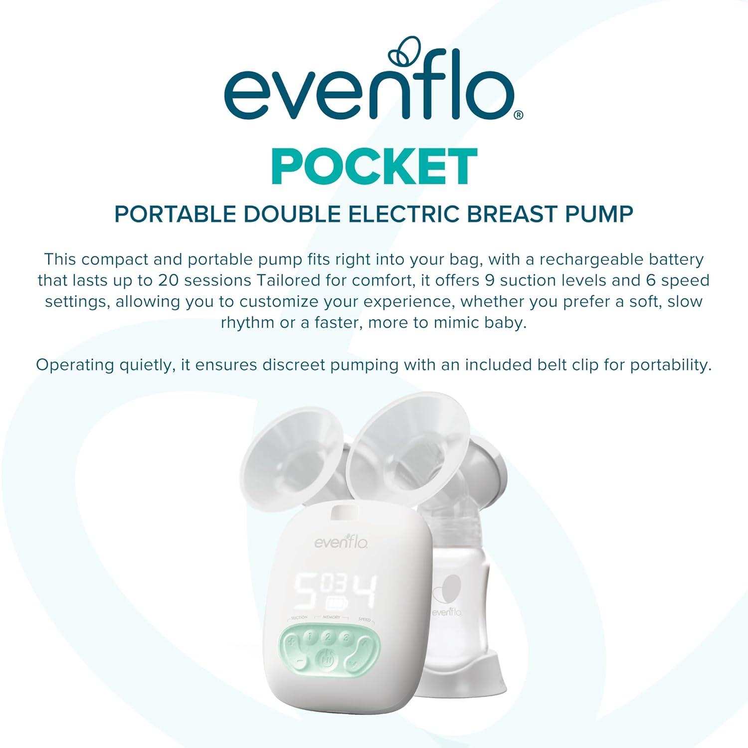 image:imageEvenflo Pocket Portable Double Electric Breast Pump White 20 Pumping Sessions per Charge 9 Suction Settings 3 Memory Presets