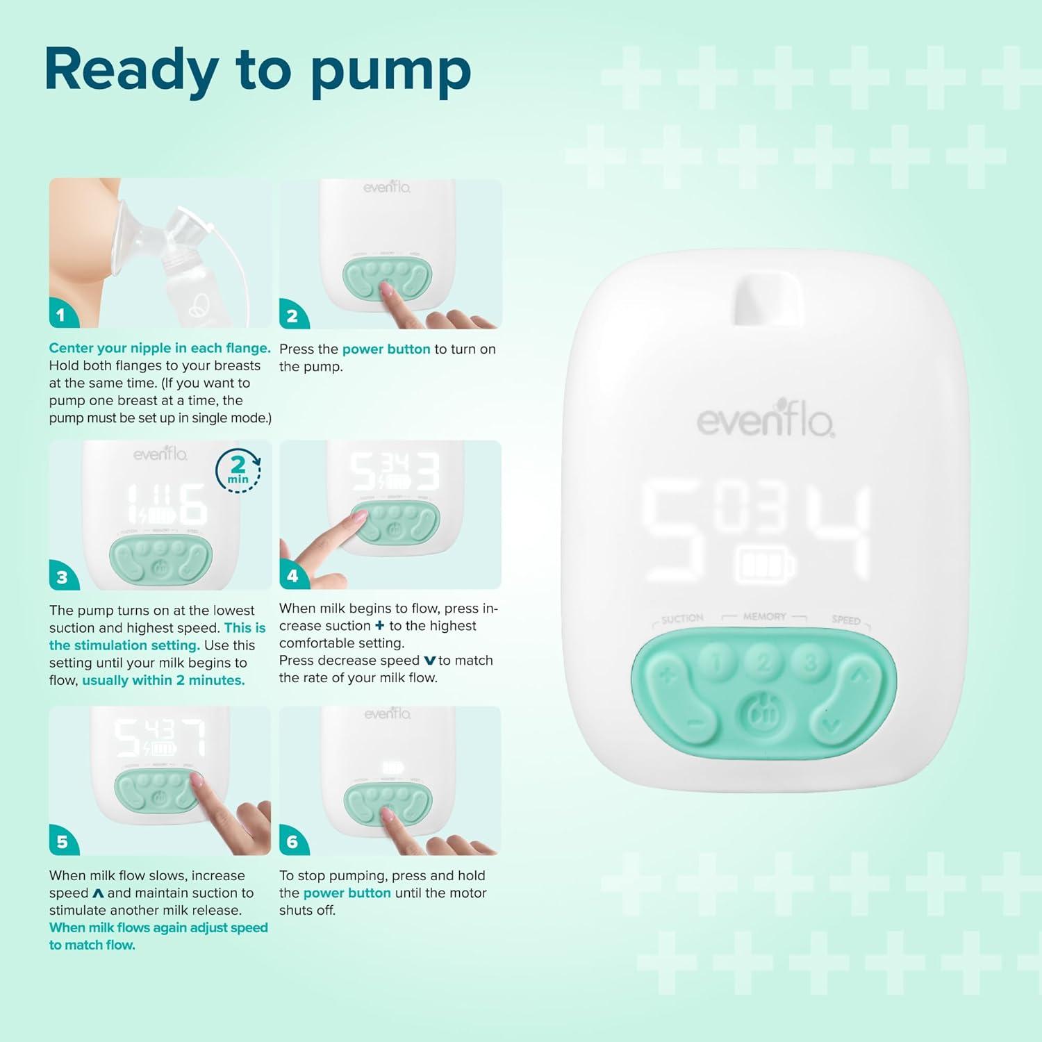 image:imageEvenflo Pocket Portable Double Electric Breast Pump White 20 Pumping Sessions per Charge 9 Suction Settings 3 Memory Presets