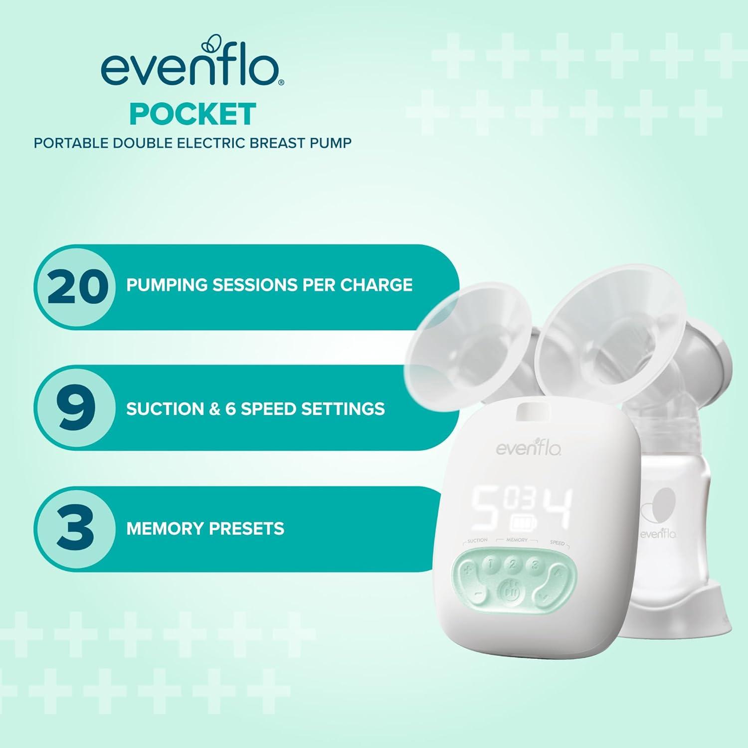 image:imageEvenflo Pocket Portable Double Electric Breast Pump White 20 Pumping Sessions per Charge 9 Suction Settings 3 Memory Presets