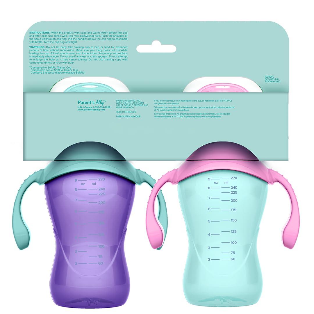image:imageEvenflo Balance Trainer Cups for Babies 6 Months Purple and Mint Ergonomic Design with Handles 9oz 2 Pack