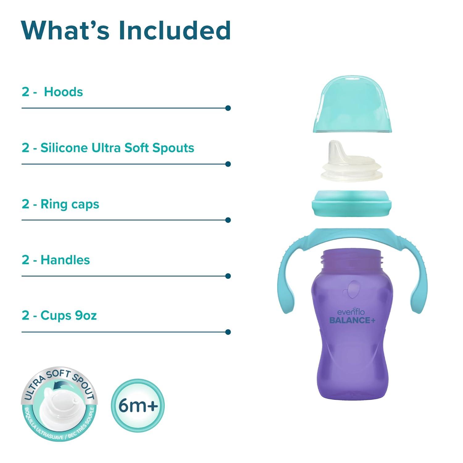 image:imageEvenflo Balance Trainer Cups for Babies 6 Months Purple and Mint Ergonomic Design with Handles 9oz 2 Pack