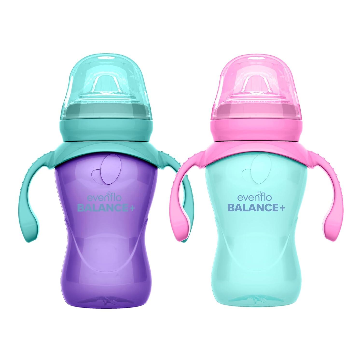 image:imageEvenflo Balance Trainer Cups for Babies 6 Months Purple and Mint Ergonomic Design with Handles 9oz 2 Pack