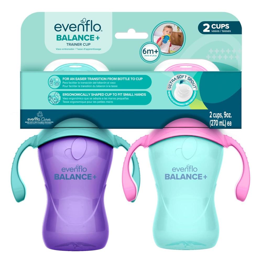 image:imageEvenflo Balance Trainer Cups for Babies 6 Months Purple and Mint Ergonomic Design with Handles 9oz 2 Pack