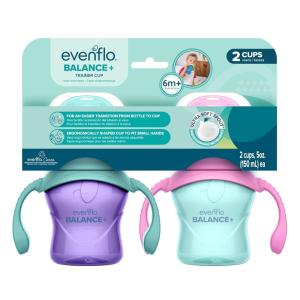 image:imageEvenflo Balance Trainer Cup with Ultra Soft Spout Purple amp Mint with Pink amp Teal Handles 5oz 2 Pack for 6 Months